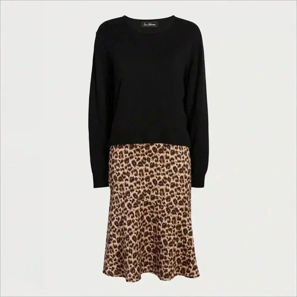 Sam Edelman Long Sleeve Cami Midi Dress Size 4 Black Sweater Leopard Print Dress - Picture 3 of 6